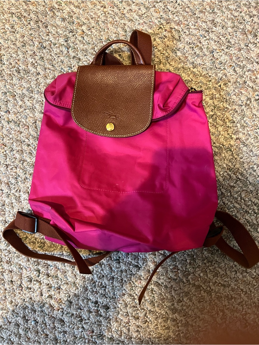Longchamp Fuchsia Nylon Backpack with Brown Leather Flap